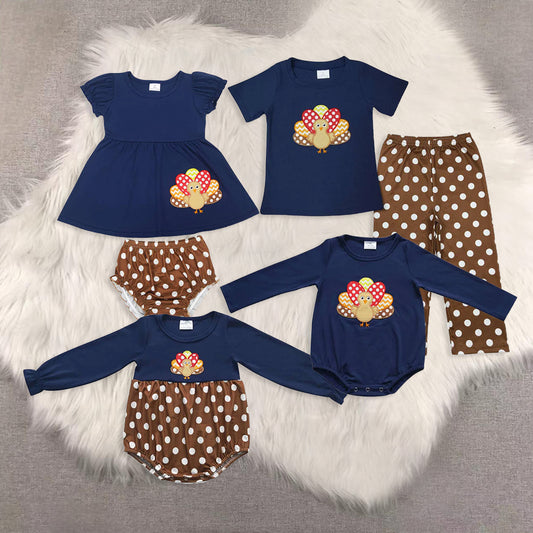 RTS NO MOQ Sibling Baby girls clothes Embroidery turkey short-sleeved trousers suit & rompers