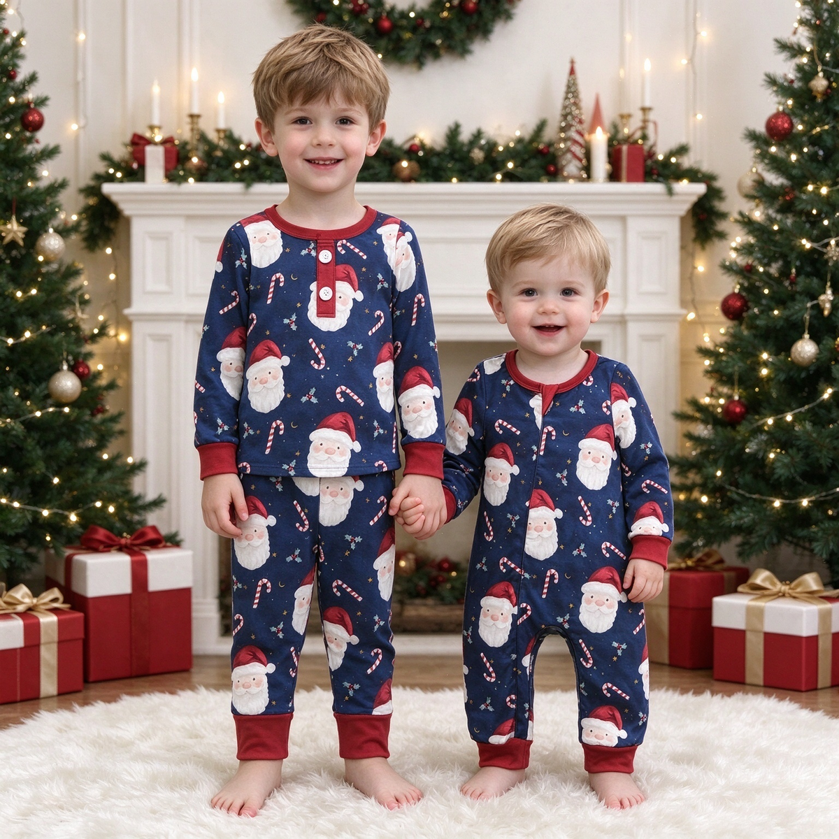 Baby Boys Navy Santa Collection - Red Trim Top Pants Set & Romper