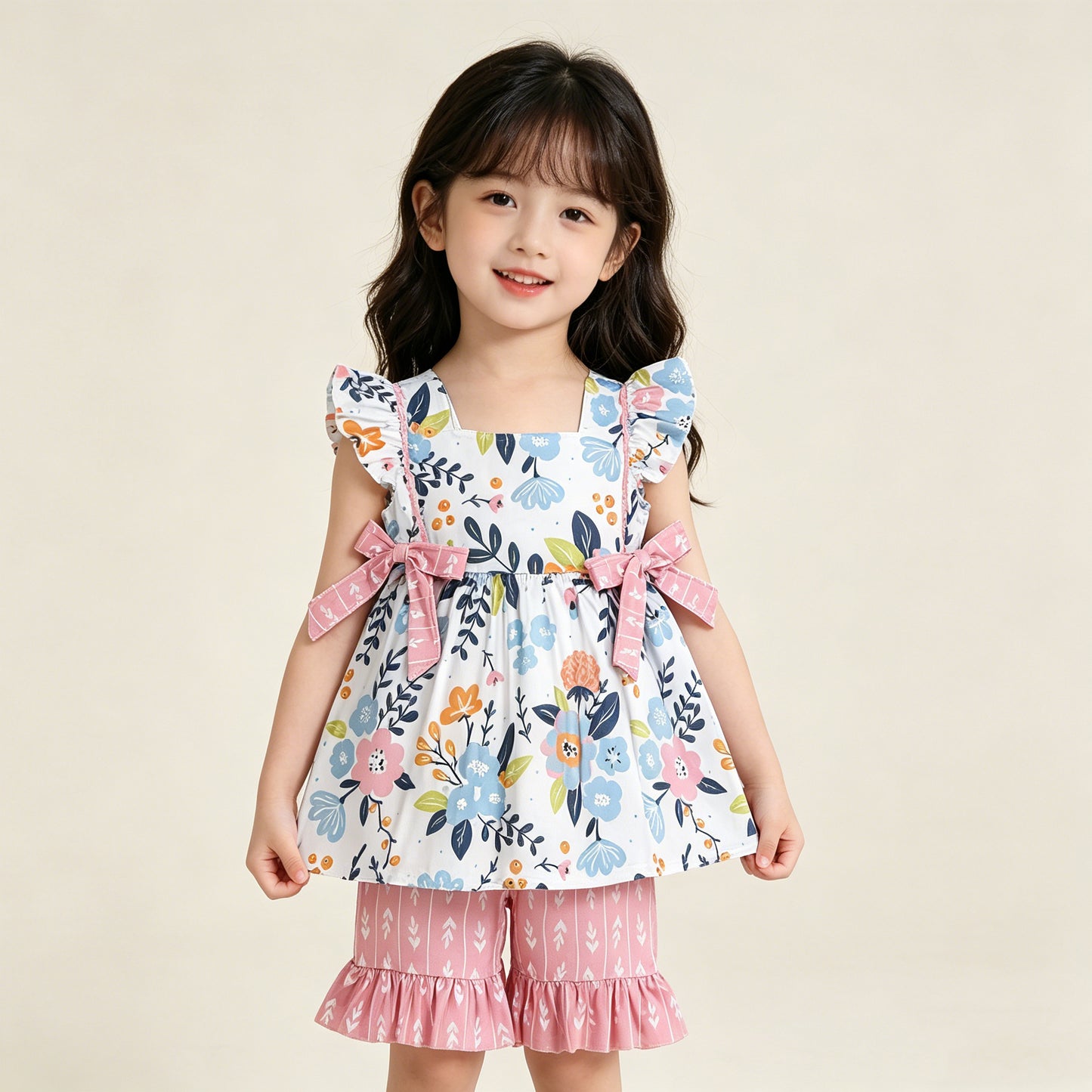 RTS NO MOQ GSSO3746 Baby Girls Floral Tunic with Flutter Sleeves And Ruffle Shorts Outfit Set Cute Infant Clothing（2T-10-12T）