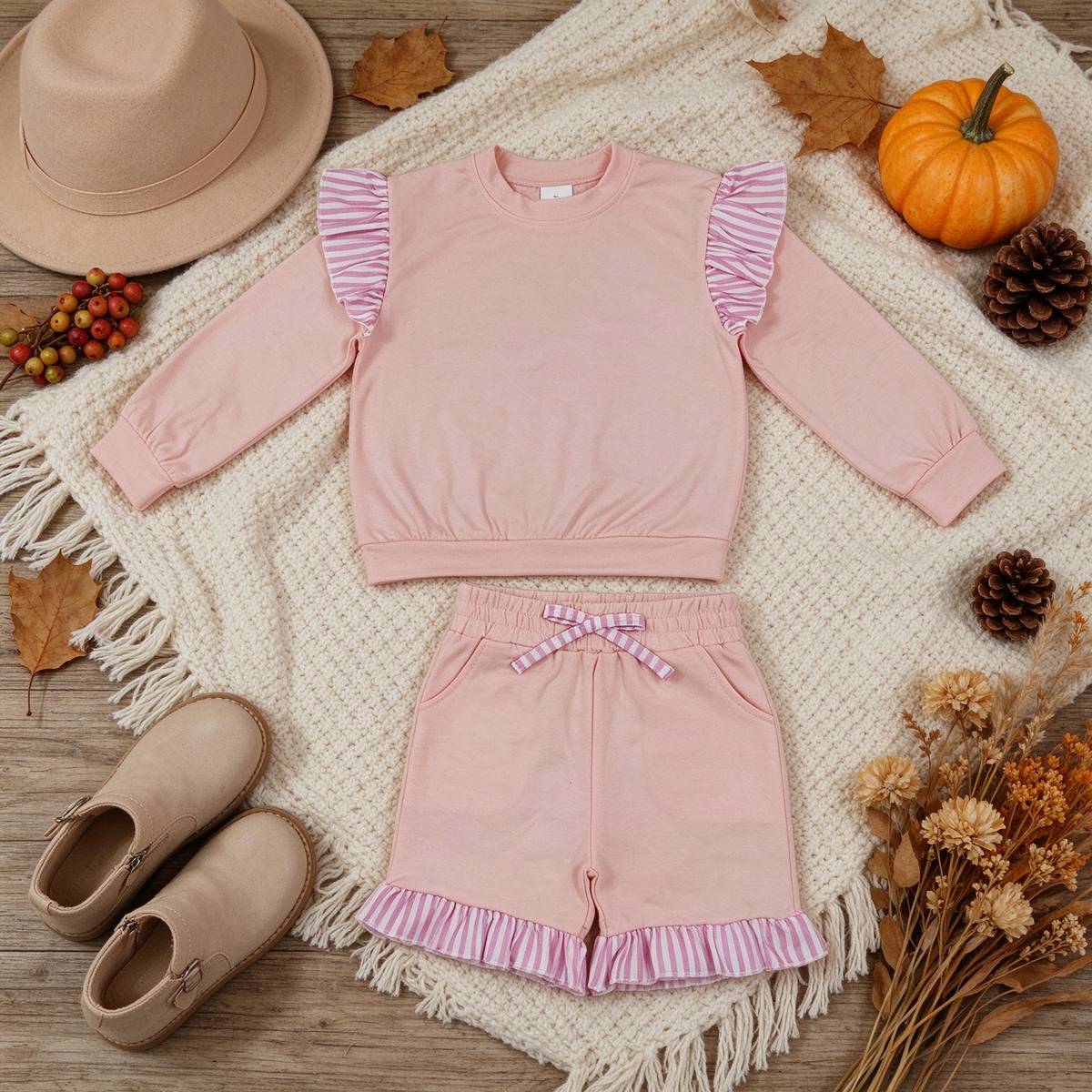 NEW RTS NO MOQ milk silk GLS0222（GT1849+SS0996）Baby Girls Light Pink Stripe Flutter Sleeve Top Pockets Ruffle Short Set