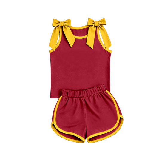 custom moq 5 mix size Baby Girls Yellow Bow Red Sleeveless Top Shorts Clothes Set