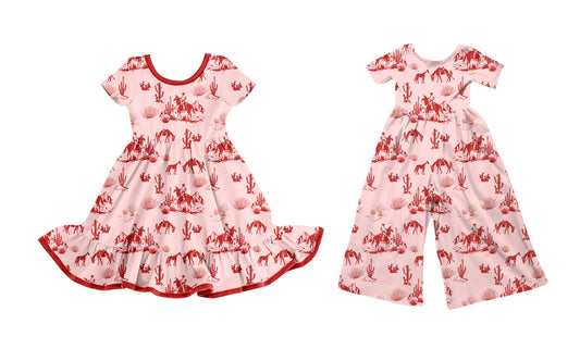 25.11.1 custom each style moq 5 eta 6-8week Sibling Sisters riding horse catcus baby girl long sleeve dress and jumpsuit match family design