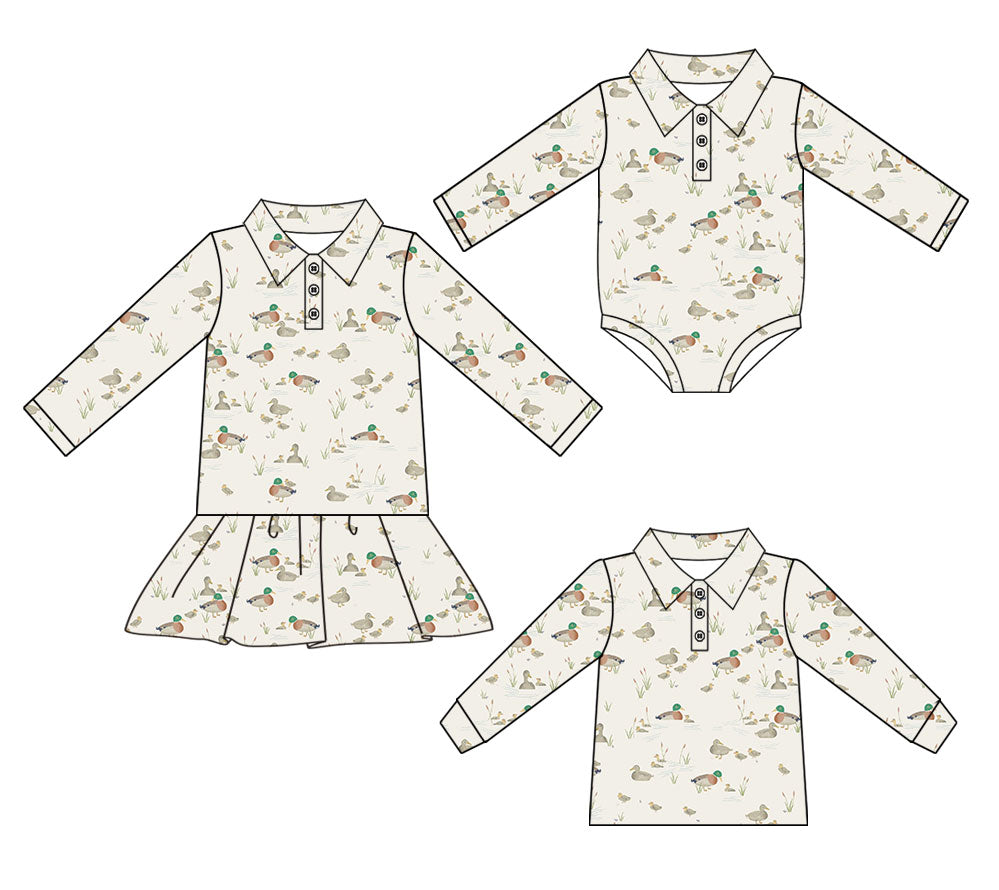 25.10.14 custom each style moq 5 eta 6-8week Sibling Sisters duck baby girl long sleeve dress and romper and top match family design