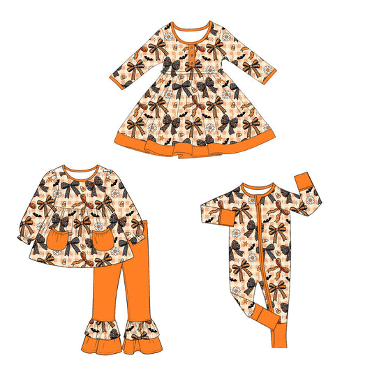 (Preorder new) No moq Baby Girls Halloween Plaid Bow Flower Print Tunic Top Ruffle Pant Set Dress Rompers