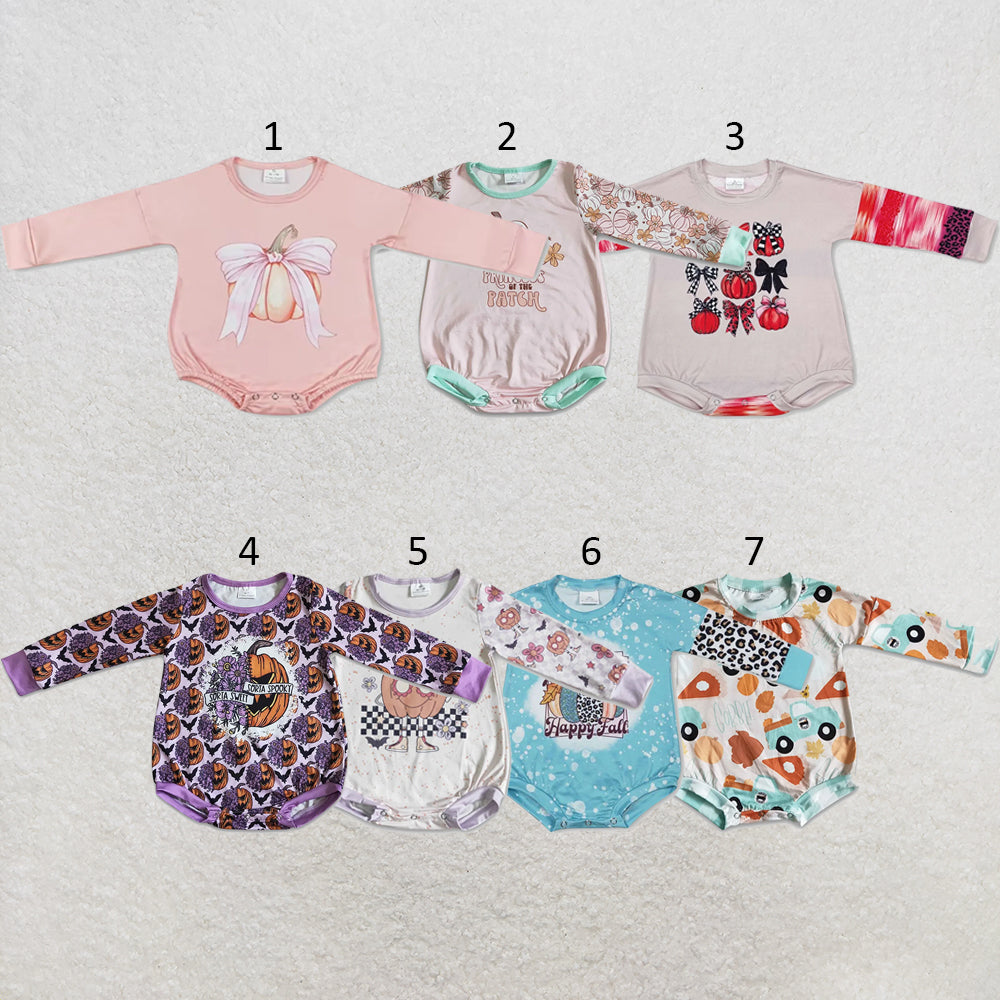 RTS NO MOQ Sibling milk silk Baby Girls Cute Halloween Pumpkin Print Long Sleeve Rompers