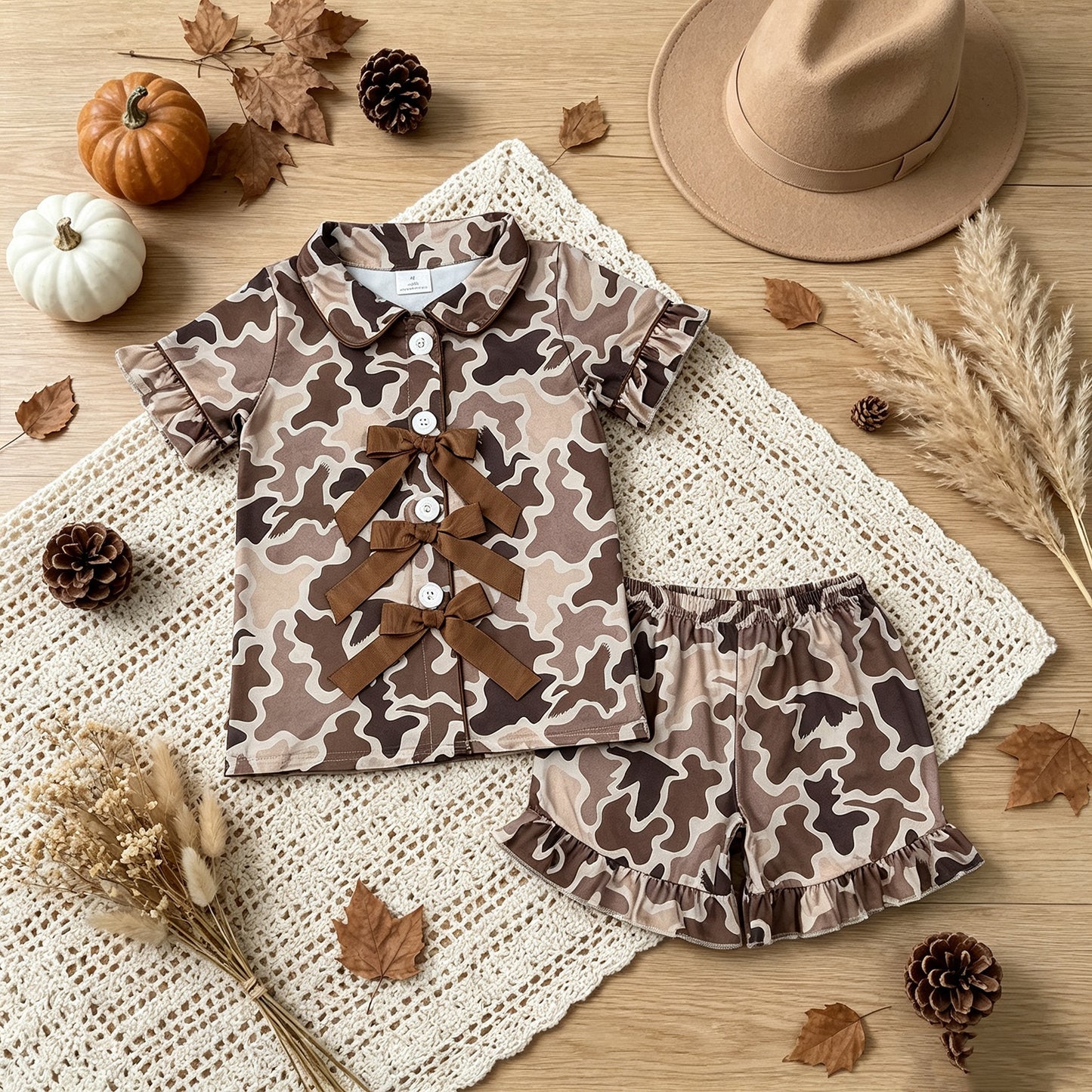 RTS No moq milk silk GSSO3368 Baby Girls Southern Khaki Ducks Camo Bows Button Top Ruffle Shorts Hunting Pajamas Sets