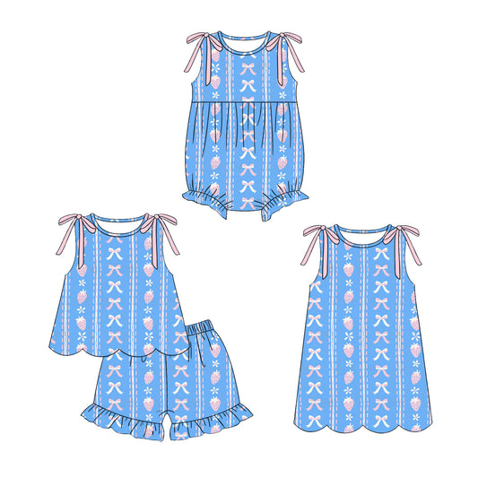 3.17 Custom moq 5 mix size Sibling Baby Girl's Blue Bow Sleeveless Top And Shorts Set Cute Romper Dress for Summer