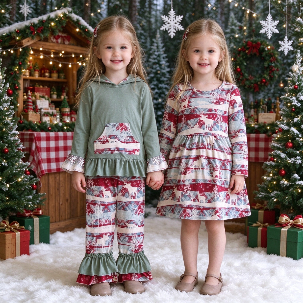 Girls Rustic Woodland Moose Christmas Set, Contrast Ruffle Hoodie & Flare Pants, Matching Dress