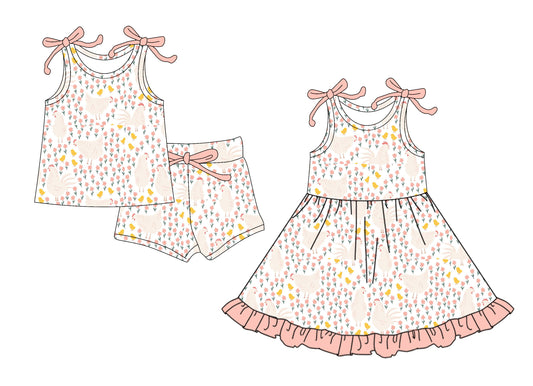 25.5.23 custom each style moq 5eta 4-6week Sibling Sister hen floral baby girl short sleeve shorts sets and dresses match design