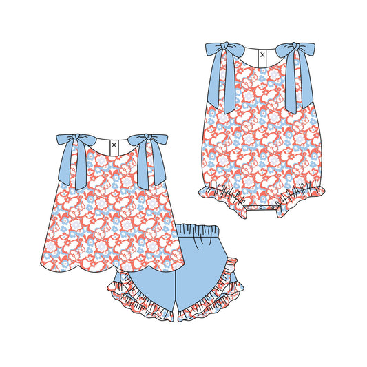 3.12 Custom moq 5 mix size Sibling Baby Girls Flowers Sleeveless Top And Blue Ruffle Shorts Set Matching Romper Outfit
