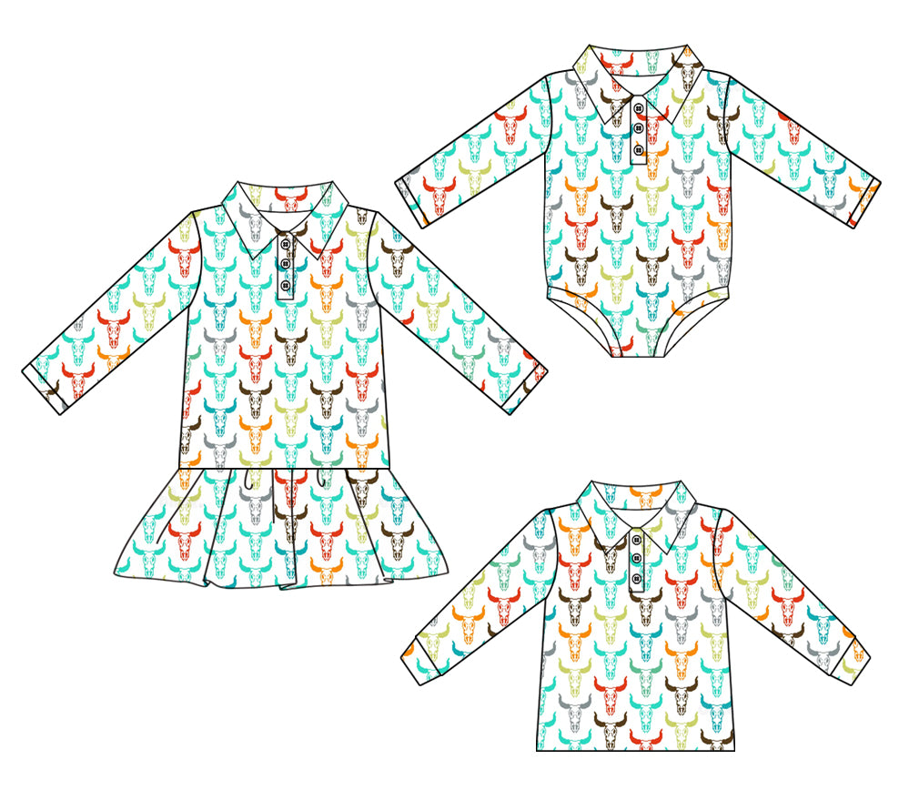25.6.28 custom each style moq 5eta 4-6week Sibling Sisters cow head baby girls long sleeve dress and top and romper match family design