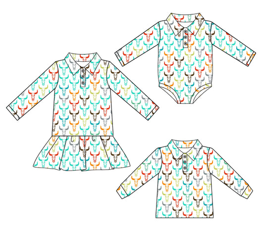 25.6.28 custom each style moq 5eta 4-6week Sibling Sisters cow head baby girls long sleeve dress and top and romper match family design