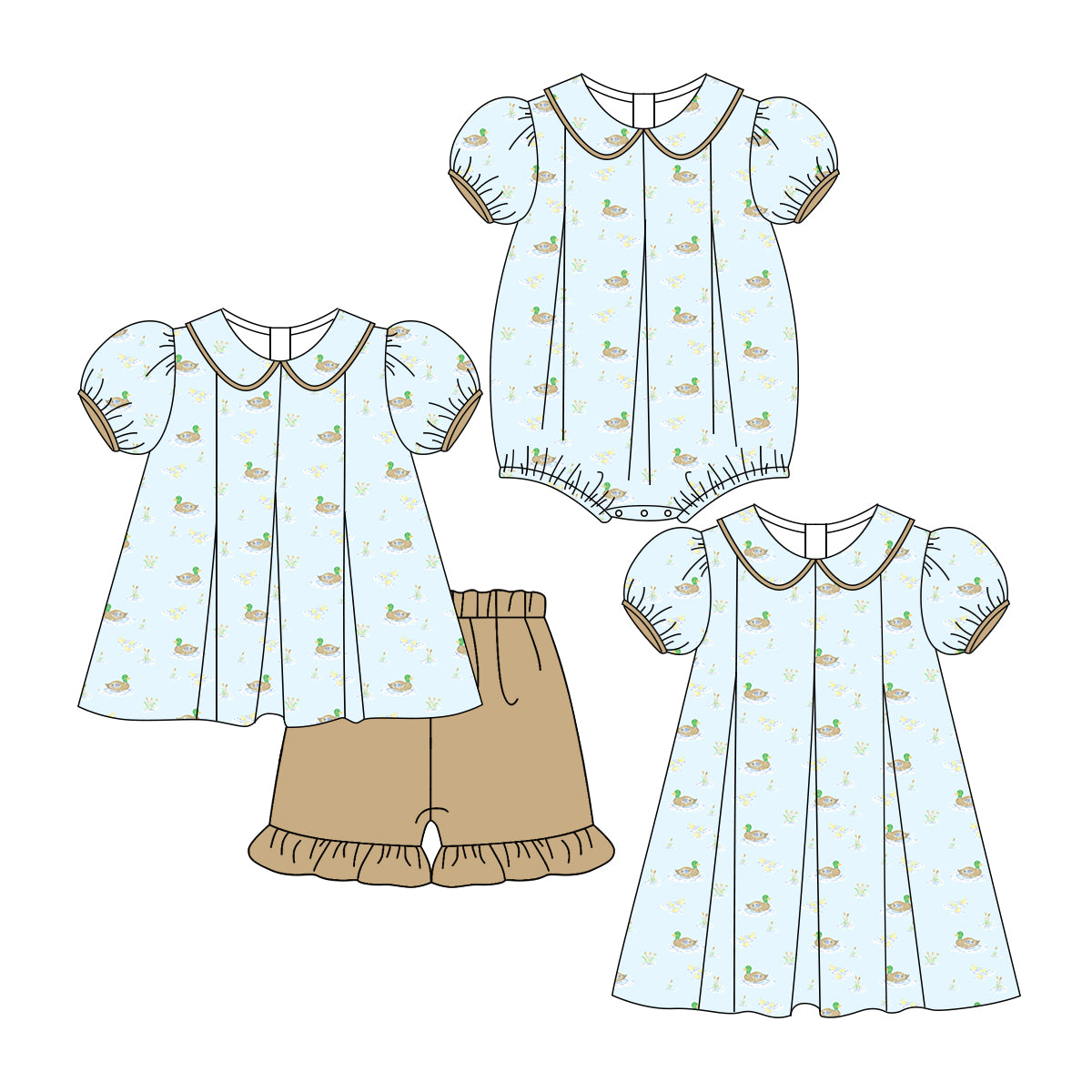 3.6 custom each style moq 5eta 4-6week Sibling Sisters duck baby girl short sleeve shorts sets and dress and rompers match family design