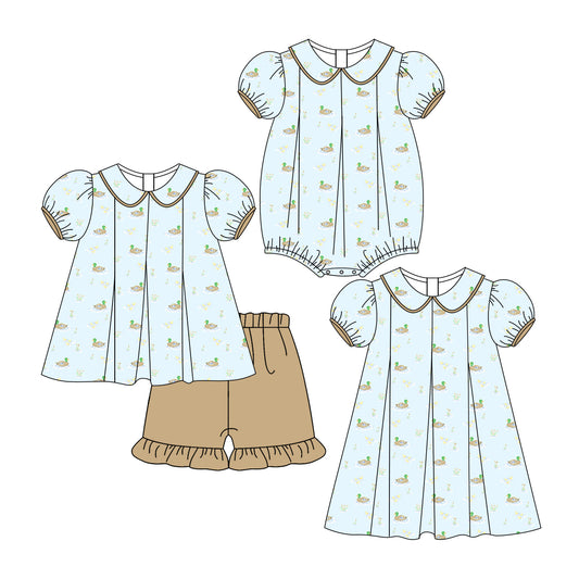 3.6 custom each style moq 5eta 4-6week Sibling Sisters duck baby girl short sleeve shorts sets and dress and rompers match family design