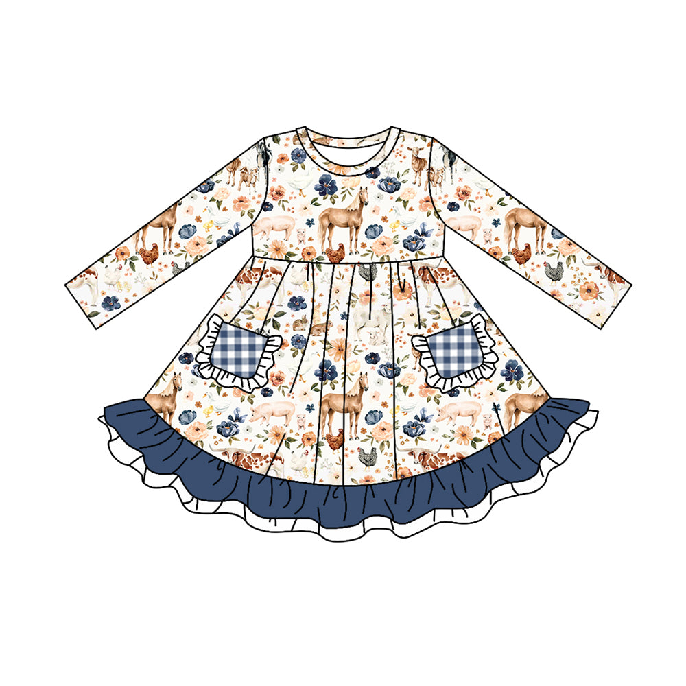 5.21custom each style moq 5eta 4-5week Sibling Sister Country style cow piglet chicken flower print blue and white plaid stripe pocket girls outfits and baby romper and dress match family design