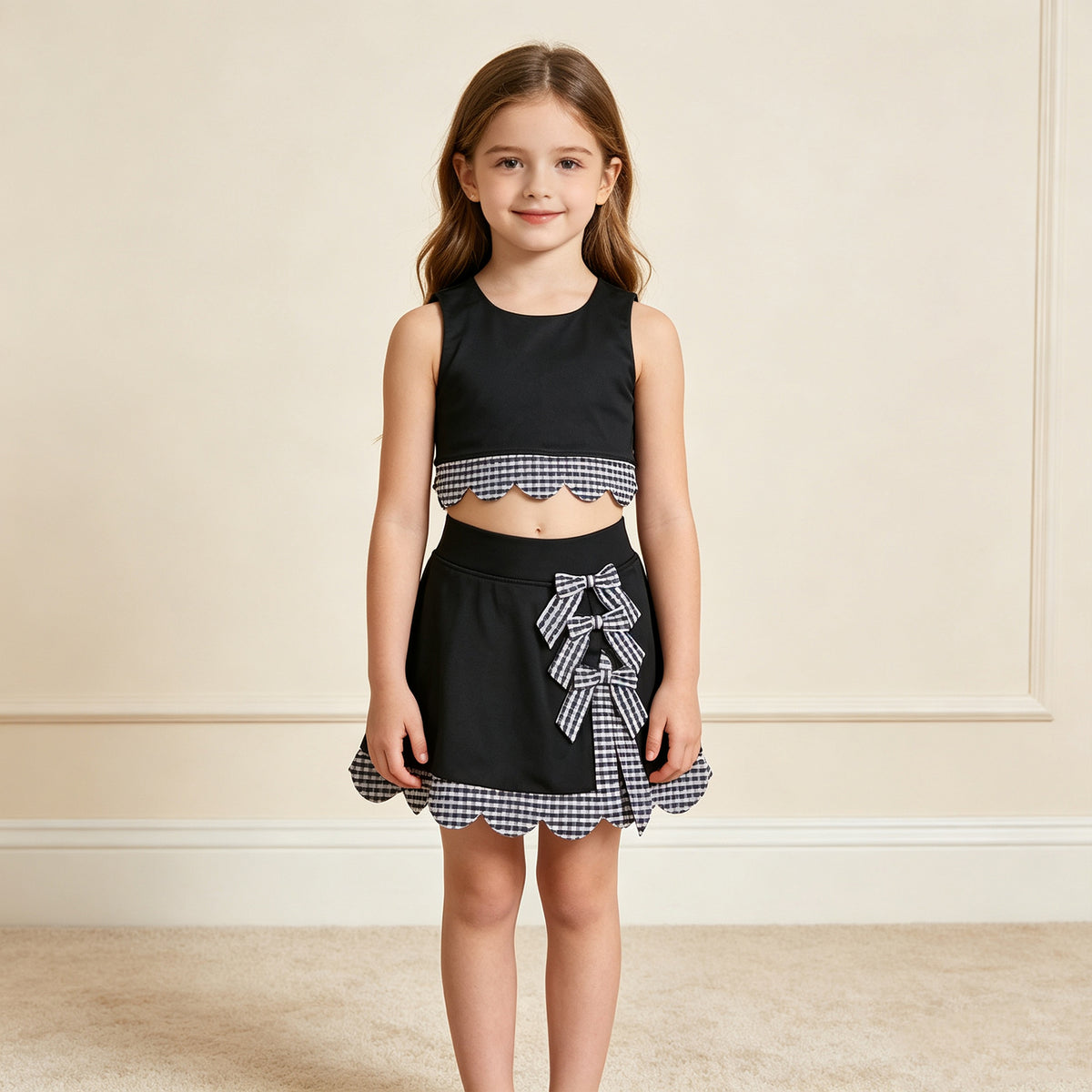 NEW RTS NO MOQ yoga fabric GSD4176 Yoga Baby Girls Black Sleeveless Vest Scallop Skirt Yoga Active Set
