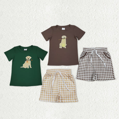 RTS NO MOQ Sibling Baby Boys Checked Hunting Clothes Set with Embroidery Dog Ducks Top And Pockets Short