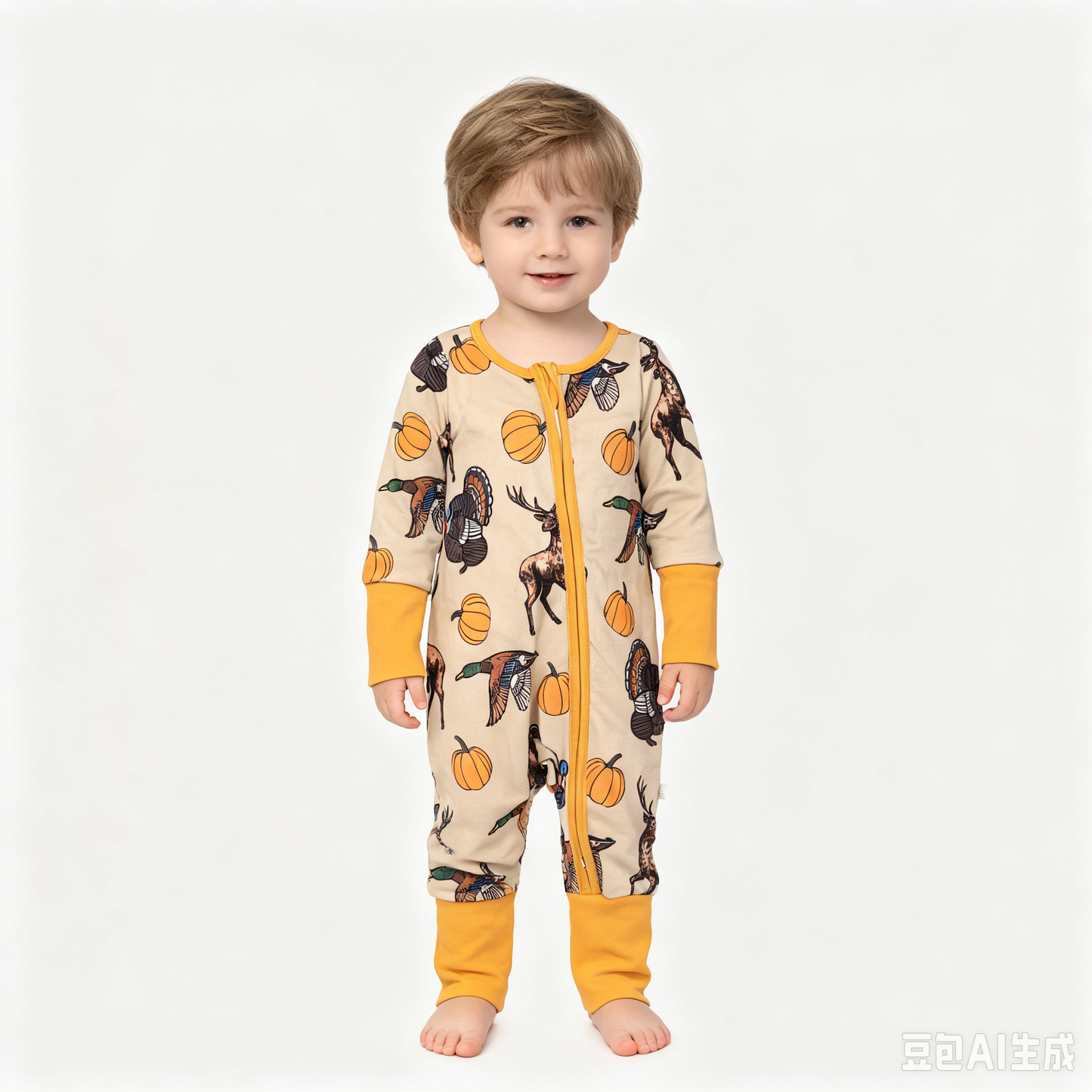 (Sample) No moq milk silk LR3251 Baby Boys Pumpkins Turkey Ducks Deer Print Two Way Zip Front Convertible Thanksgivings  Romper