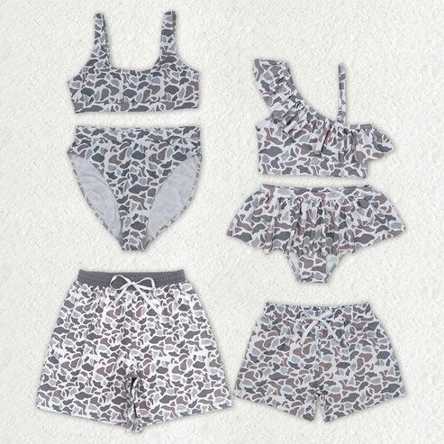 RTS NO MOQ Sibling Family Adult Baby Kids Light Grey Camouflage Beachwear Trunks Swimsuits