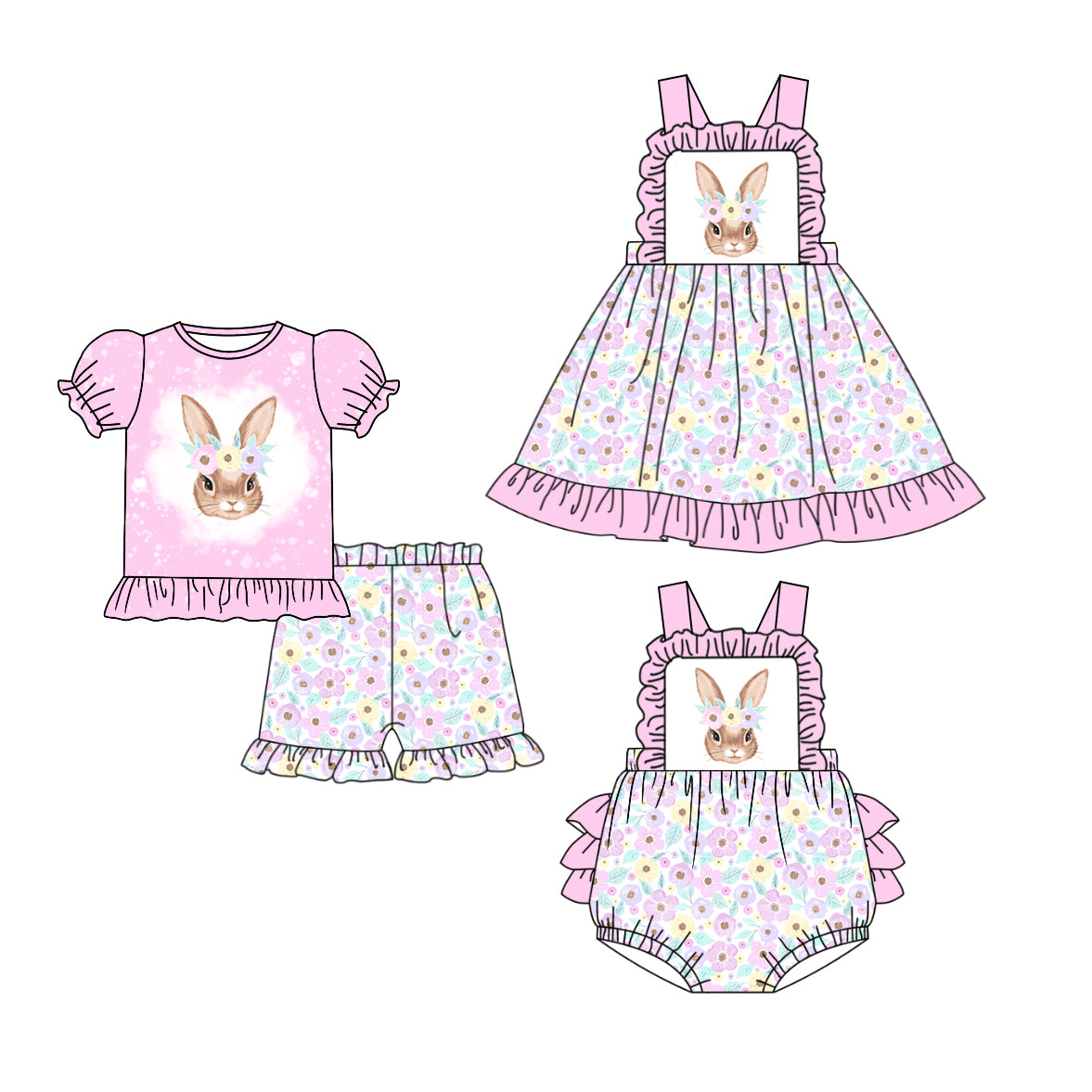 11.21 custom each style moq 5eta 4-6week Sibling Sister easter floral baby girl short sleeve shorts sets and dress and rompers match family design