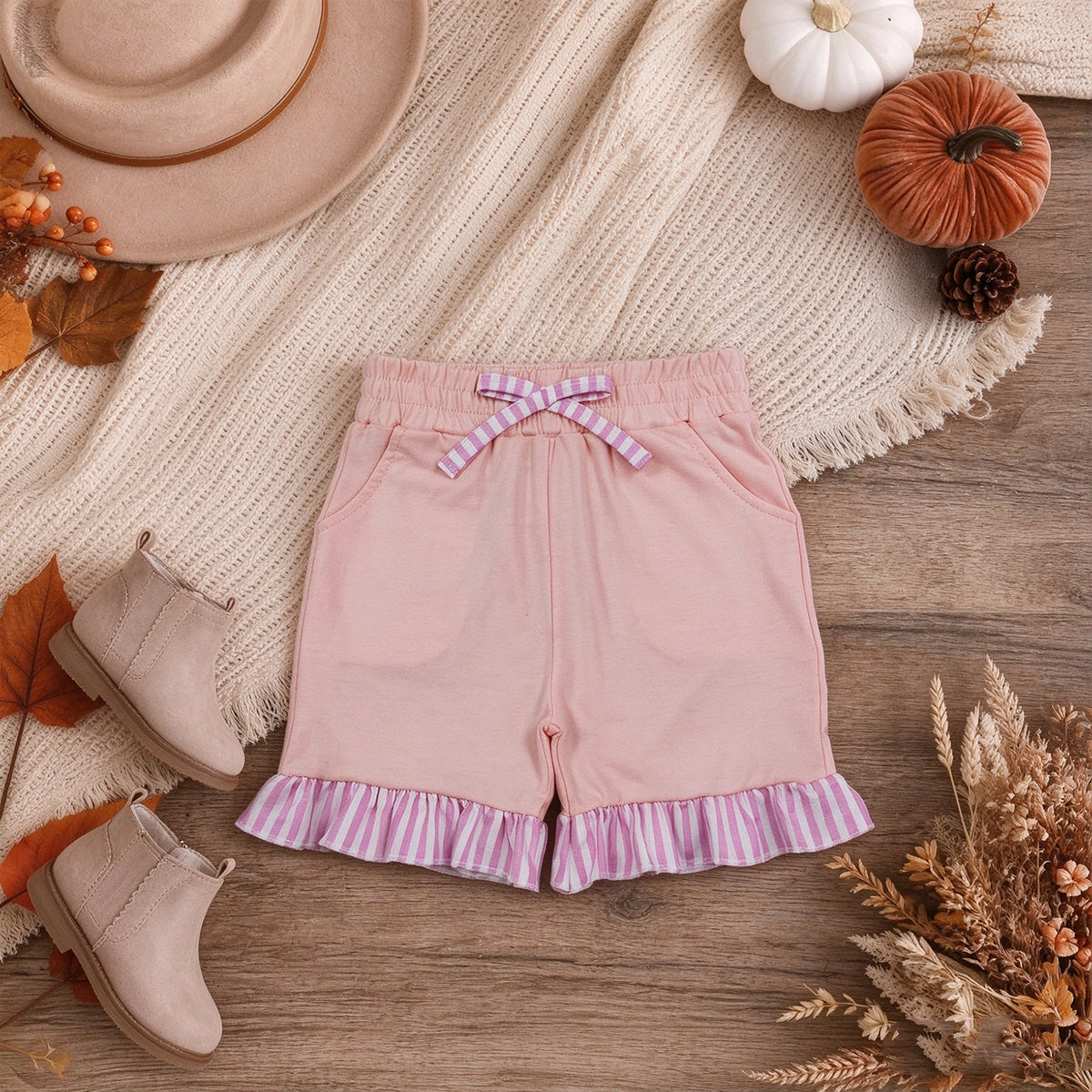 NEW RTS NO MOQ cotton SS0996 Baby Girls Light Pink Stripe Bow Pockets Shorts Bottom