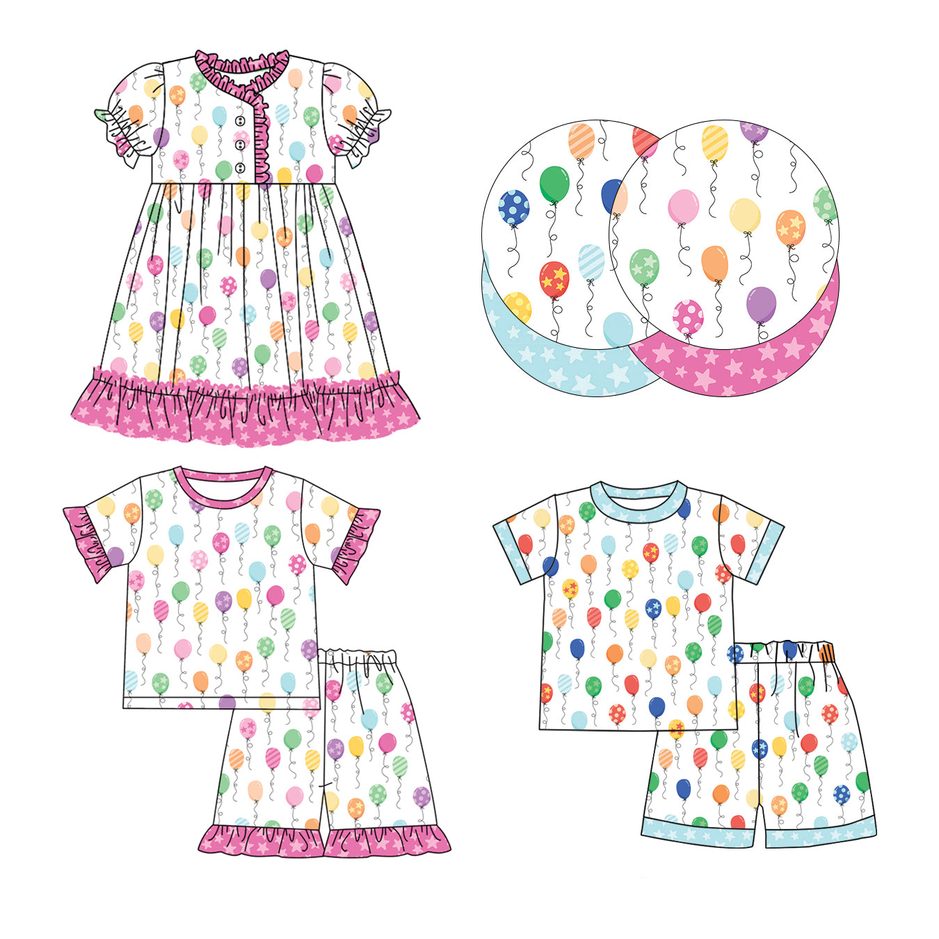 12.11 custom each style moq 5eta 4-6week Sibling Sister balloon baby girl short sleeve shorts girls sets 1 and boy sets and dress match design