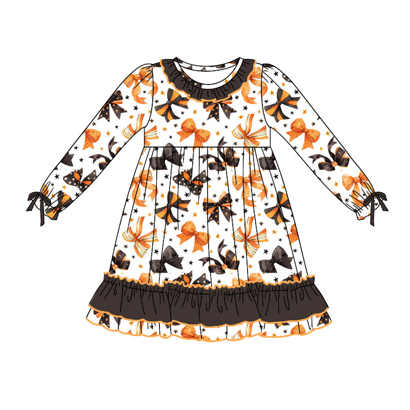 7.26 custom each style moq 5eta 4-6week Sibling Sister bow black and orange baby girls sets and dress and rompers match family design