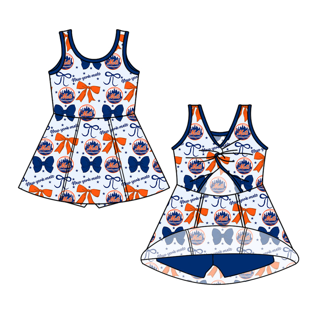 Custom moq 5 mix size milk silk summer teams baby girls clothes team bow blue long sleeve hooded pants sets and dress 1 and dress 2 and romper-25.6.16