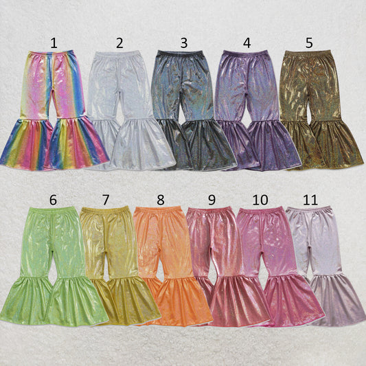 RTS NO MOQ Sibling cotton Baby Girls Cute Solid Color Holographic Spandex Bell Bottom Pants