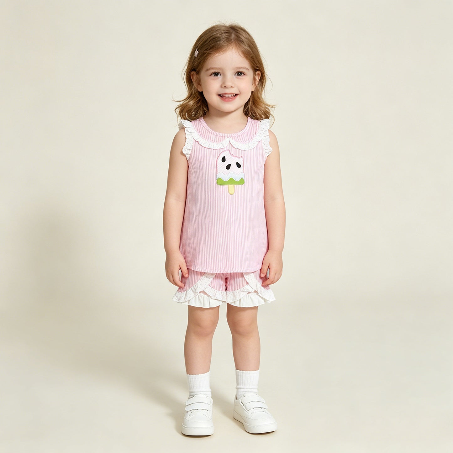 RTS NO MOQ milk silk GSSO3238 Baby Girls Cute Popsicle Embroidery Pink Stripe Tunic Shorts Set
