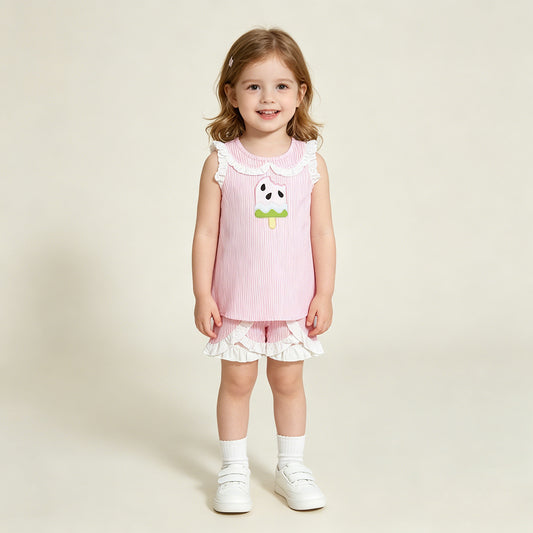 RTS NO MOQ milk silk GSSO3238 Baby Girls Cute Popsicle Embroidery Pink Stripe Tunic Shorts Set