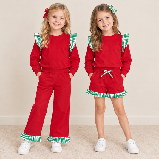 RTS NO MOQ Sibling milk silk Baby Girls Christmas Red Long Sleeve Top With Green Stripe Ruffle Shorts And Pants Sets