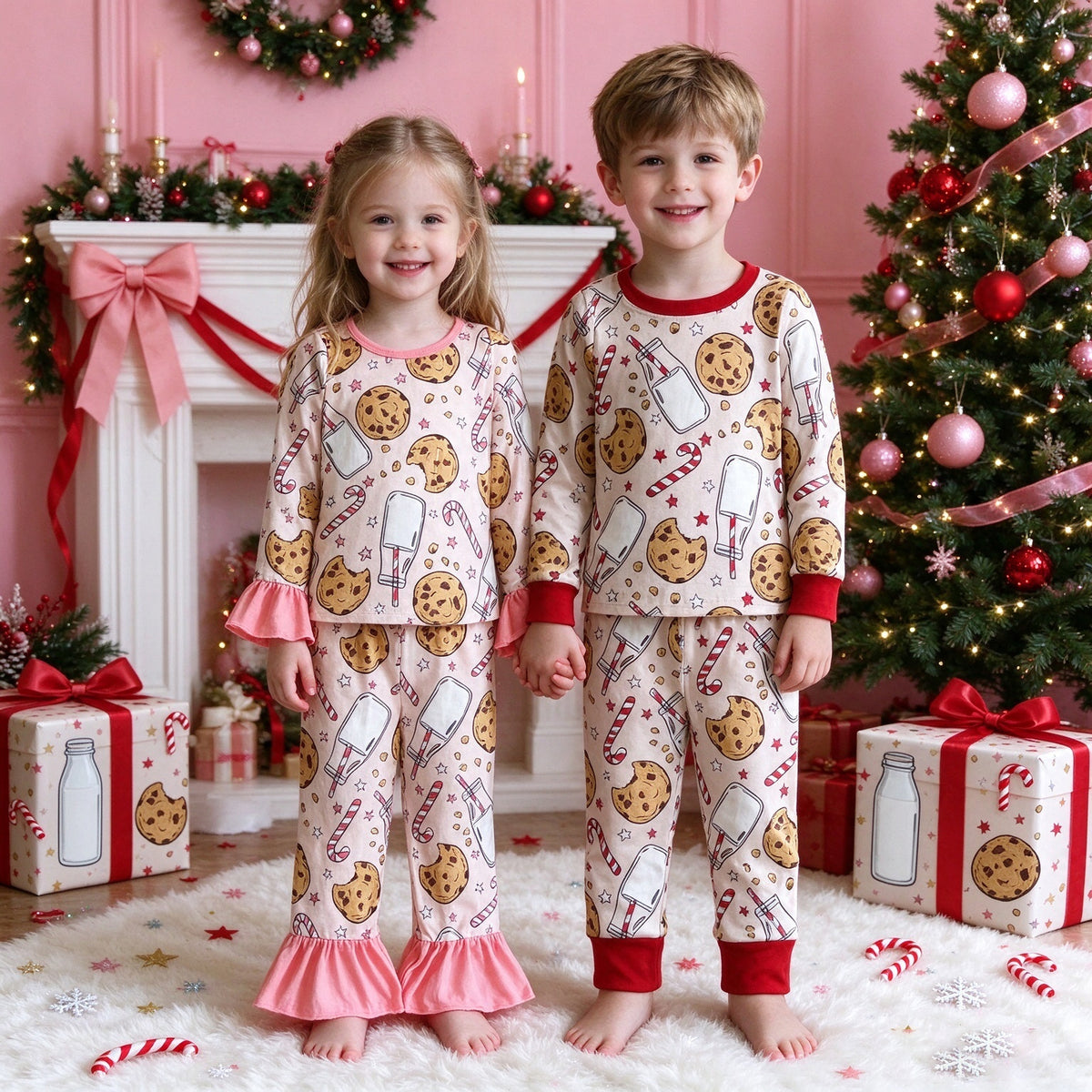 Toddler Girls Milk & Cookies Christmas Collection - Pink Ruffle Flare Pant Set & Classic Red Cuff Sibling Set