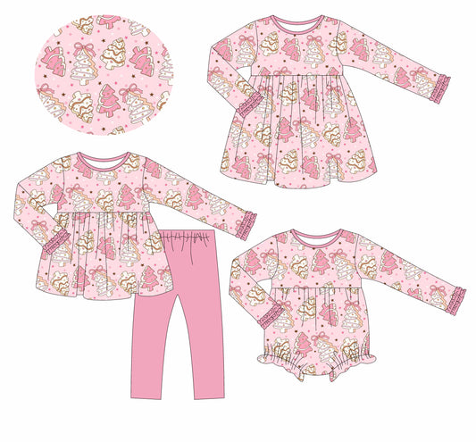 25.6.7 custom each style moq 5eta 4-6week Sibling Sisters Christmas trees bow pink baby girl long sleeve pants sets and dress and rompers match family design