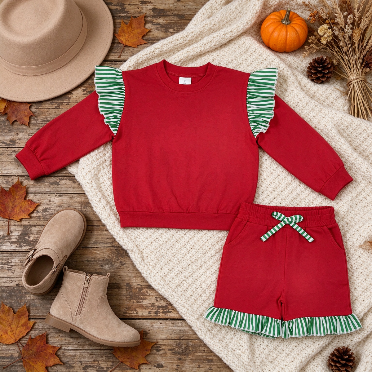 NEW RTS NO MOQ milk silk GLS0217（GT1844+SS0997）Baby Girls Stripe Flutter Sleeve Red Top Pockets Ruffle Short Set