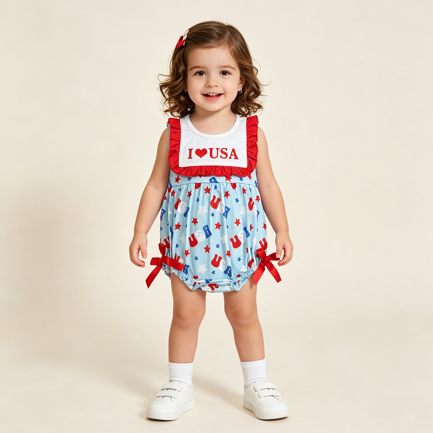 RTS NO MOQ milk silk SR4154 Baby Girls Sleeveless Ruffle USA Stars 4th of July Holiday Romper