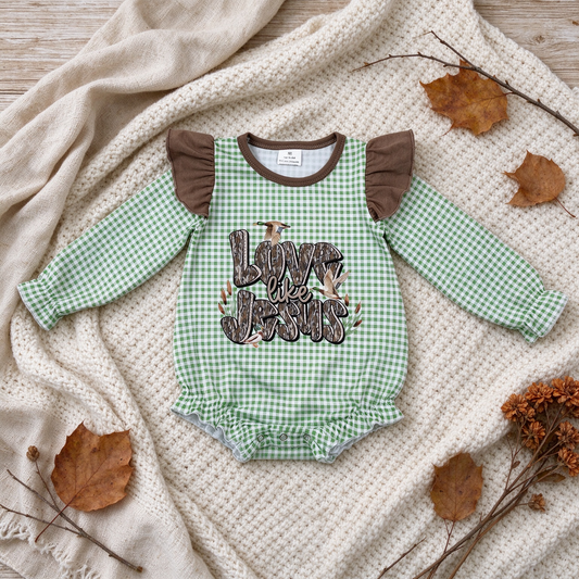 NEW RTS NO MOQ milk silk LR2551 Baby Girls Green Plaid Ducks Casual Rompers