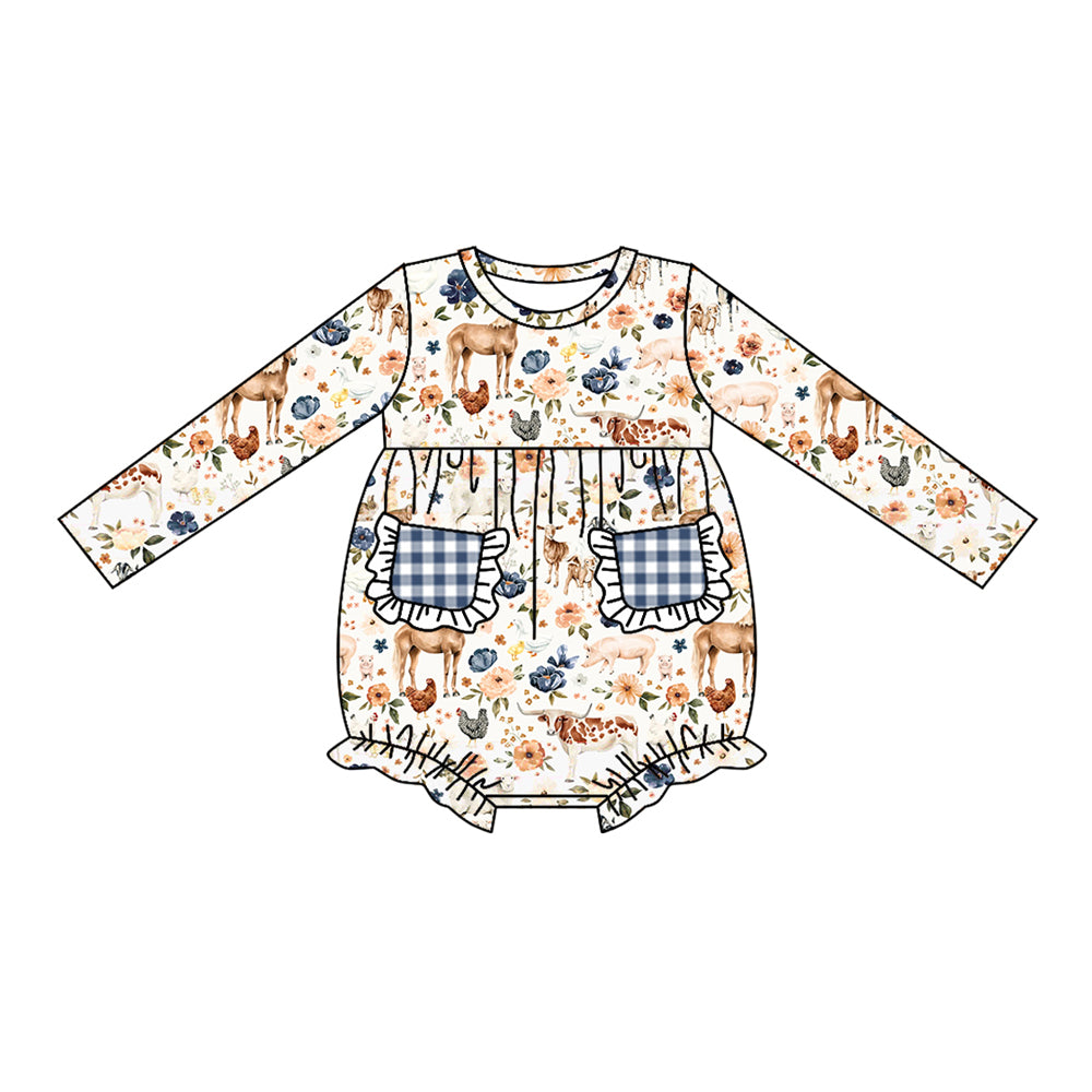 5.21custom each style moq 5eta 4-5week Sibling Sister Country style cow piglet chicken flower print blue and white plaid stripe pocket girls outfits and baby romper and dress match family design