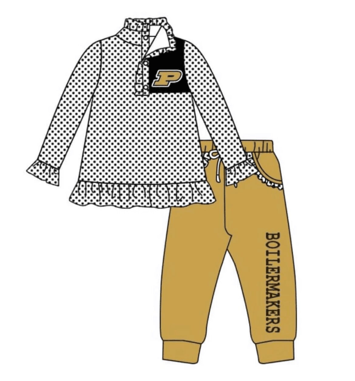 Custom moq 3 eta 6-8weeks "Letter P" black polka dot white pleated lace button pullover top and khaki trousers set