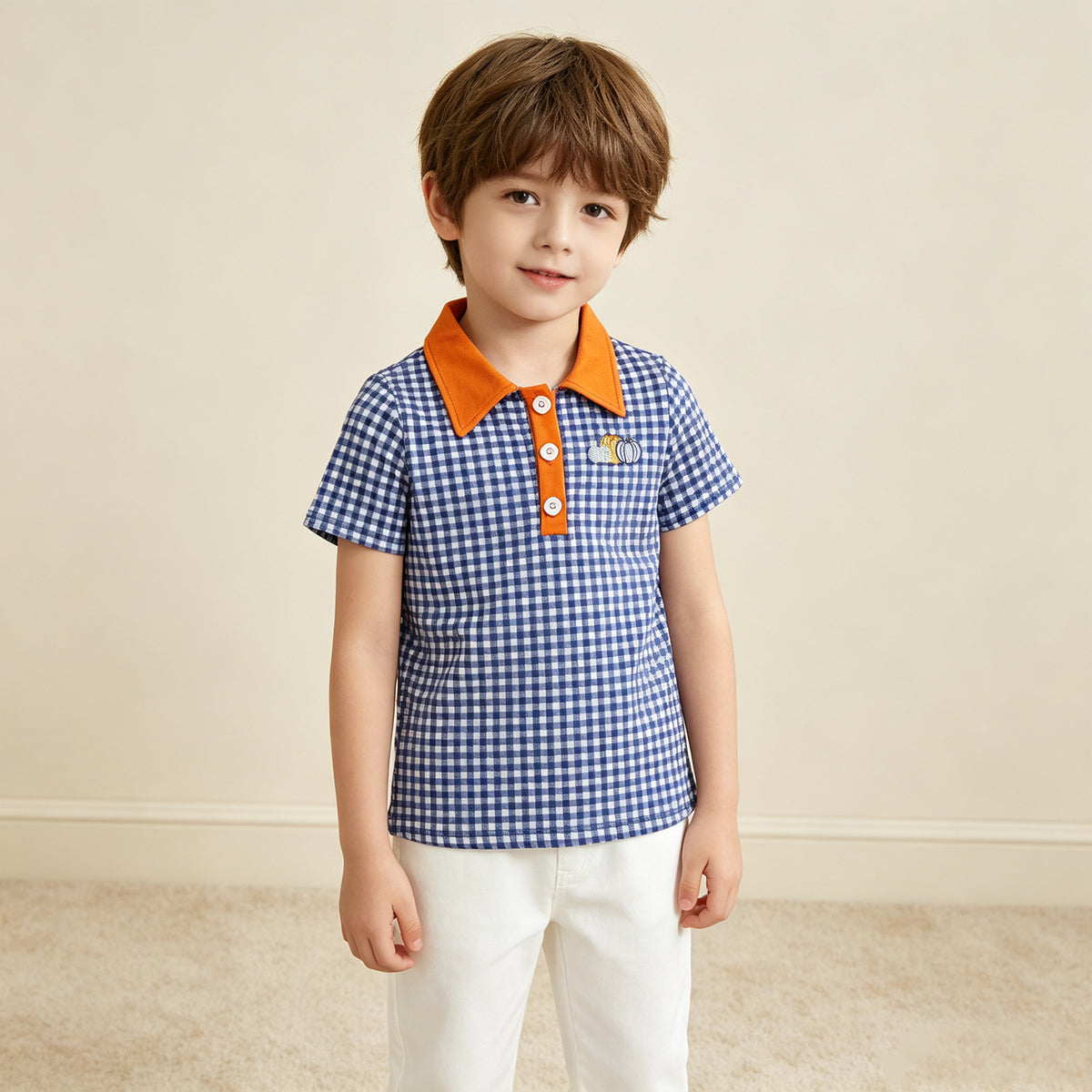 NEW RTS NO MOQ milk silk BT1892 Polos For Kids Boys Hot Blue Checked Pumpkins Fall Button Polo Shirts Top