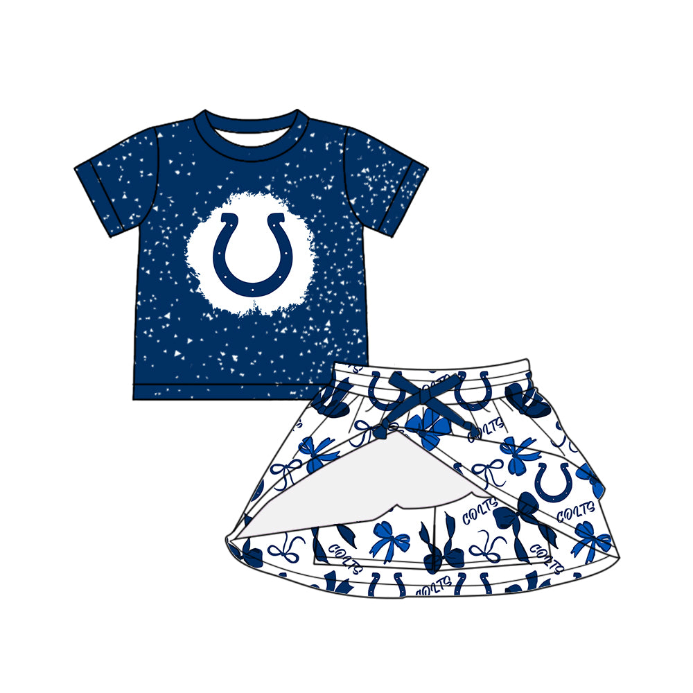Custom moq 5 mix sizes summer teams baby girls clothes team blue short sleeve skirts shorts sets 1 and skirts sets 2 and and skirts sets 2 and dress 1 and dress 2 and dress 3 and dress 4-25.6.6