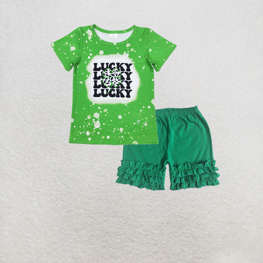 RTS NO MOQ GT0420+C15-14 Baby Girls Green Lucky St Patrick Day Short Sleeve Tee Shirts Tops Set