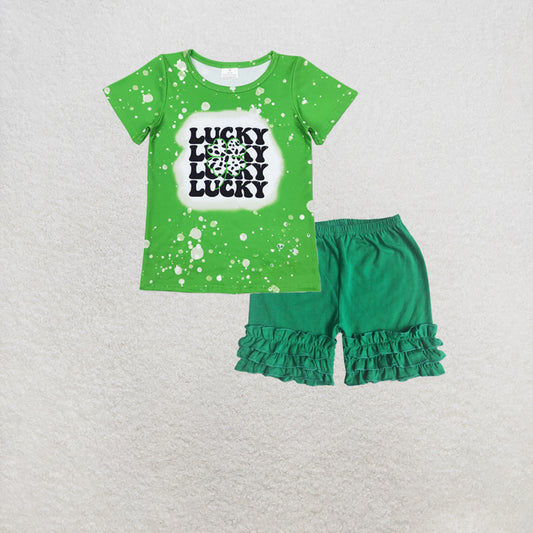 RTS NO MOQ GT0420+C15-14 Baby Girls Green Lucky St Patrick Day Short Sleeve Tee Shirts Tops Set