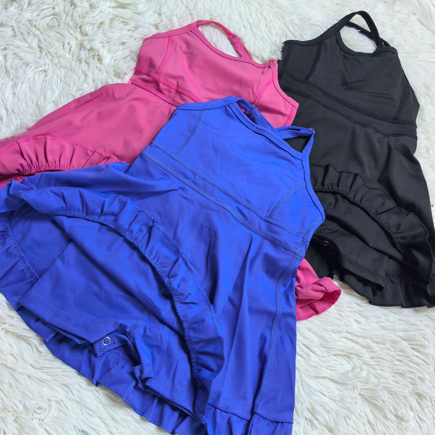 RTS NO MOQ Sibling Baby Girls Summer Solid Color Strap Yoga Shorts Ruffle Knee Length Dresses