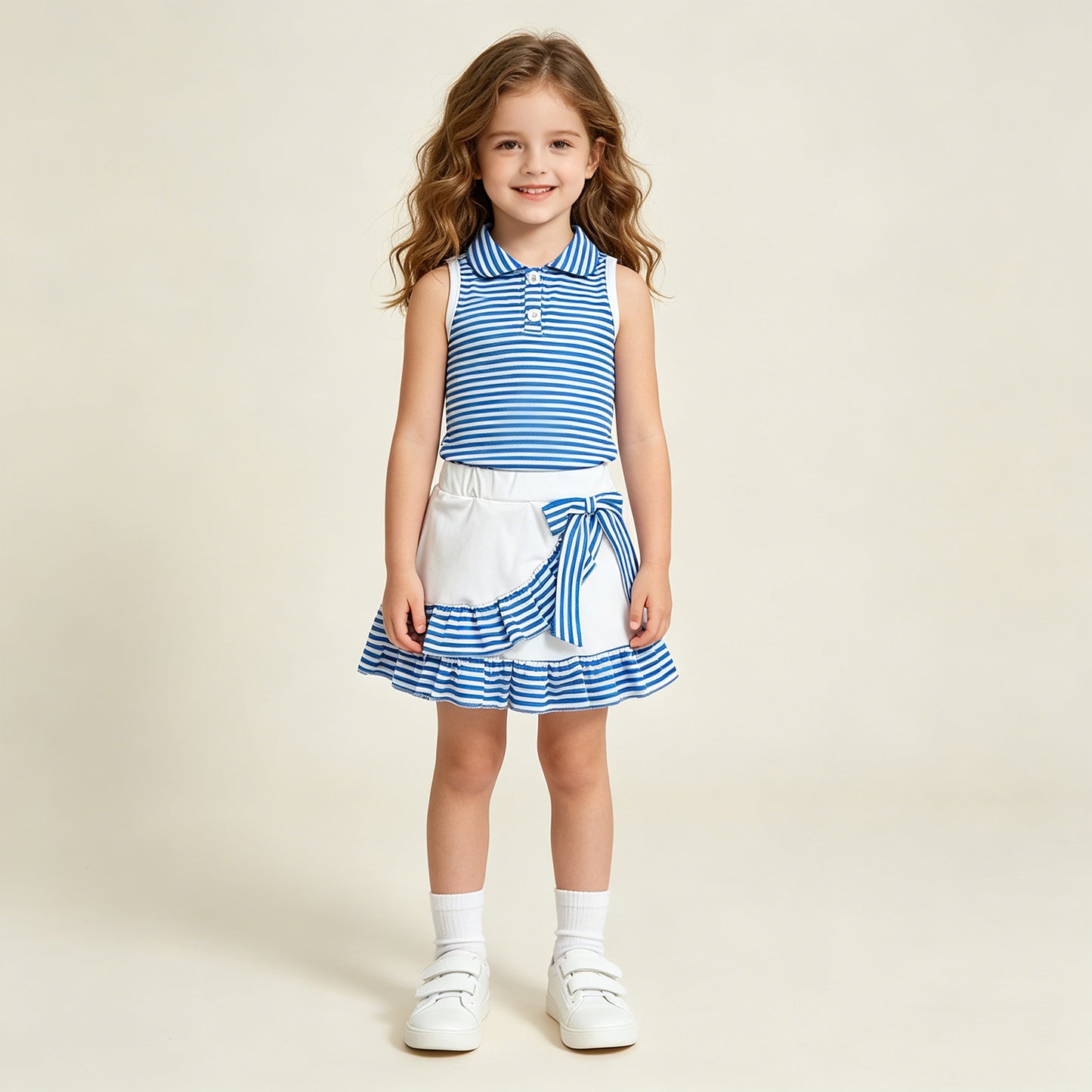 RTS NO MOQ GSD3661 Baby Girls Blue Stripe Button Top Ruffle Skirt Shorts Set Yoga Active Outfit