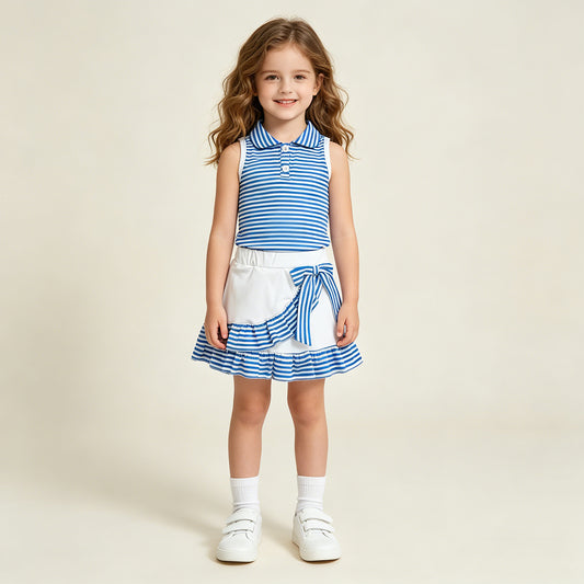 RTS NO MOQ GSD3661 Baby Girls Blue Stripe Button Top Ruffle Skirt Shorts Set Yoga Active Outfit