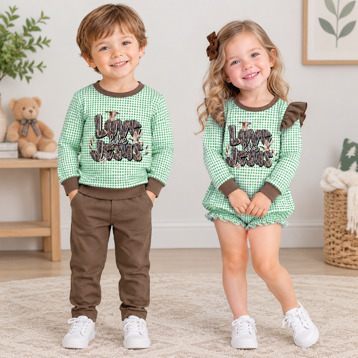 RTS NO MOQ Sibling milk silk Baby Boys Green Gingham Duck Print Long Sleeve Top Baby Girls Ruffle Bubble Romper