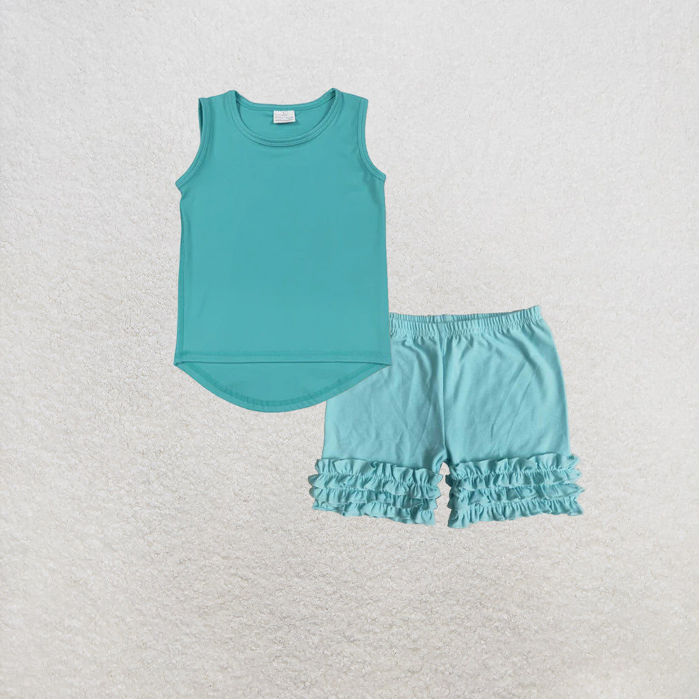 RTS NO MOQ GT1018+C15-28 Baby Girls Aqua Sleeveless Yoga Tee Shirts Vests Shorts Set