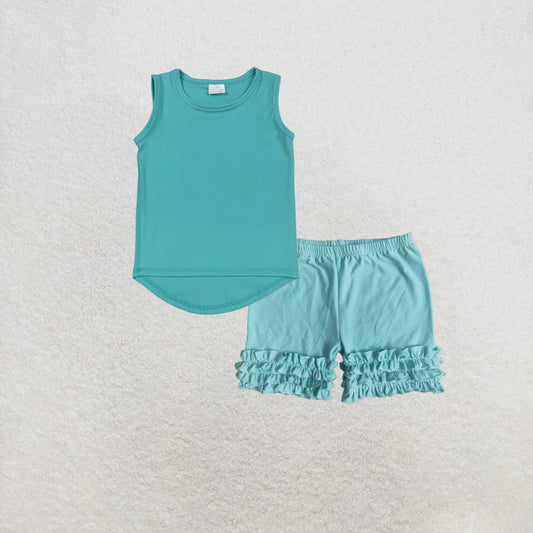 RTS NO MOQ GT1018+C15-28 Baby Girls Aqua Sleeveless Yoga Tee Shirts Vests Shorts Set