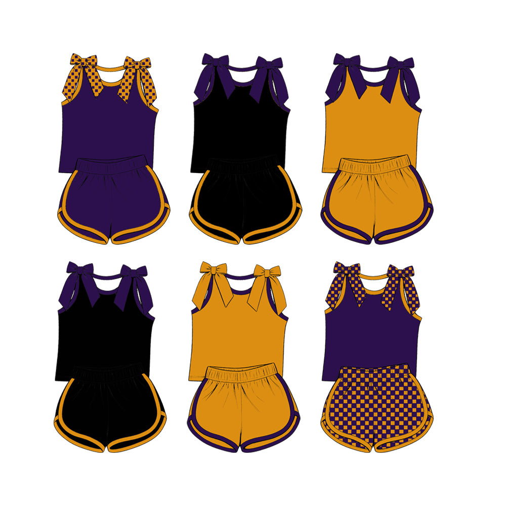custom moq 5 mix size Baby Girls Purple Bow Sleeveless Yellow Top Shorts Summer Casual Clothes Set